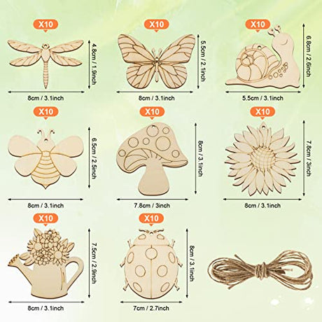 80PCS Wooden Spring Ornaments to Paint, 8 Styles DIY Blank Unfinished Wood Cutouts Ornament for Home Crafts Hanging Decorations, Insect Dragonfly Sophena