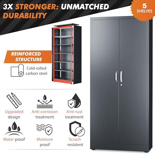 METALTIGER Locking Metal Storage Cabinet | Garage Storage Cabinet with Doors and 5 Adjustable Shelves | 71" Lockable Tool Cabinet | Heavy-Duty Metal - WoodArtSupply