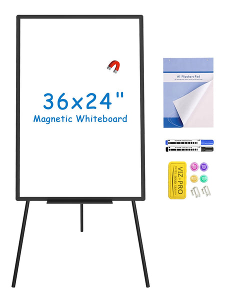 VIZ-PRO Magnetic Whiteboard Easel Black, 36 x 24 Inches, Portable Dry Erase Board Height Adjustable for School Office and Home VIZ-PRO