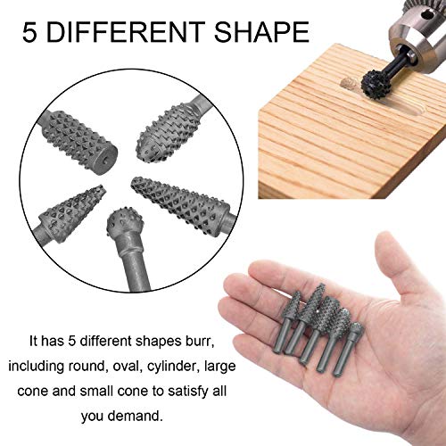 Rotary Burr Rasp Set - 5Pcs Wood Carving File Drill Bits, 1/4 Inch Round Shank Chisel Shaped Embossed Grinding Head DIY Woodworking Power Tools for