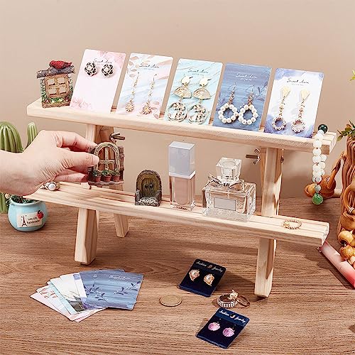 NBEADS 2-Tier Wooden Display Stand Riser, Earring Ring Holder Detachable Unfinished Wood Retail Jewelry Card Display Stand Each Layer with 2 Groove NBEADS