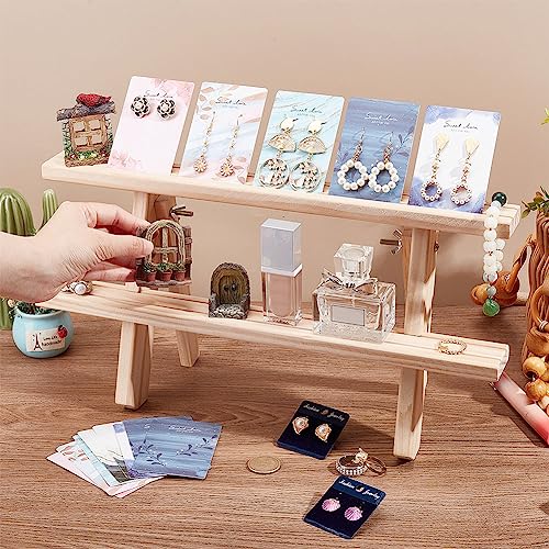 NBEADS 2-Tier Wooden Display Stand Riser, Earring Ring Holder Detachable Unfinished Wood Retail Jewelry Card Display Stand Each Layer with 2 Groove