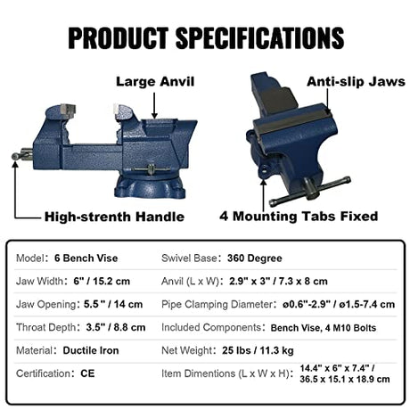 PPUMP Bench Vise 6 Inch Jaw Width 5.5 Inch Jaw Opening Home Vise - Secure Grip with 360° Swivel Base Home Vise Rotation Base - Assembled with a PPUMP