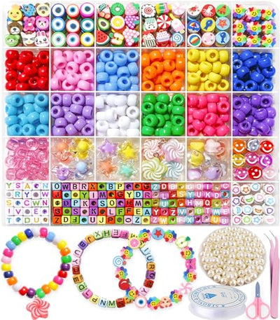 MontoSun Bead Bracelet Making Kit, Friendship Bracelets Making Beads Kit, Pony Beads Charms Beads Clay Flower Letter Beads for Jewelry Making Kit,