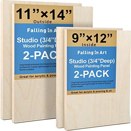 Unfinished Birch Wood Canvas Panels Kit, Falling in Art 4 Pack of 2 Sizes 11x14' and 9x12' Studio 3/4’’ Deep Cradle Boards for Pouring Art, Crafts, Falling in Art