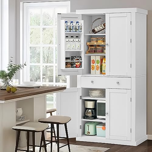 usikey 72” Kitchen Pantry Cabinet, Tall Storage Cabinet with 4 Doors and 1 Drawer, Freestanding Cupboard with 6 Hanging Shelves and Adjustable usikey