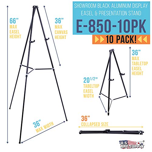 U.S. Art Supply 66" High Showroom Black Aluminum Display Easel and Presentation Stand (Pack of 10) - Large Adjustable Height Portable Floor and US Art Supply