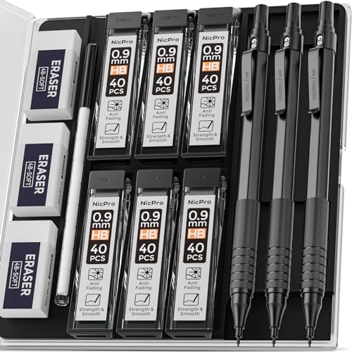Nicpro Metal 0.9 mm Mechanical Pencils Set with Case, 3PCS Black 0.9mm Drafting Pencil, 6 Tubes HB Lead Refills, 3PCS Erasers, Erasers Refills for Nicpro