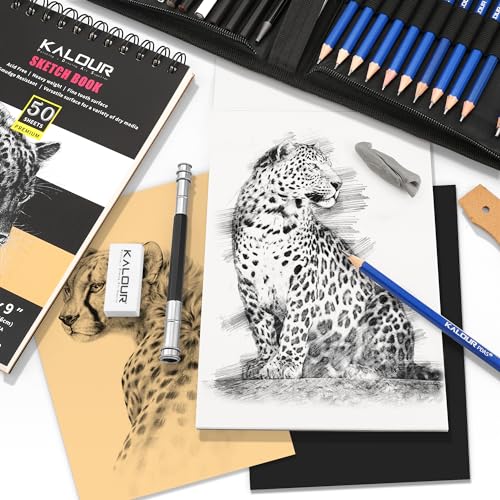 KALOUR 58 Pack Drawing Set Sketch Kit, Sketching Supplies with 3-Color Sketchbook,Graphite & Charcoal Pencils,A5 SketchBook,Tutorial, Pro Art Drawing - WoodArtSupply