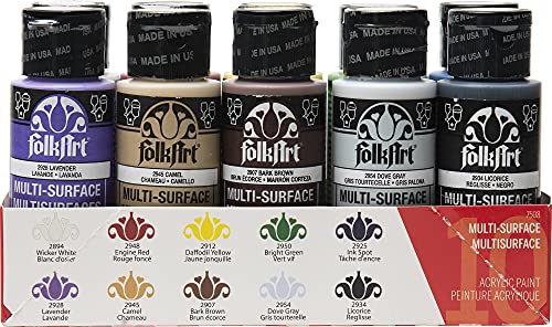 FolkArt Color, 10 Bottle Multi-Surface Acrylic Paint Set, 2oz, Basics FolkArt