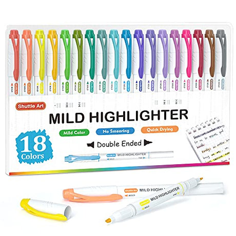 Shuttle Art Highlighters, 18 Colors Pastel Highlighter Pens Assorted Colors, Dual Tip Mild Color Highlighter Markers, Perfect for Teens, Kids and Shuttle Art