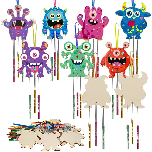 Fennoral 9 Pack Wind Chime Kit for Kids Make Your Own Monster Wind Chime Wooden Arts and Crafts for Girls Boys DIY Painting for Art Activity Party