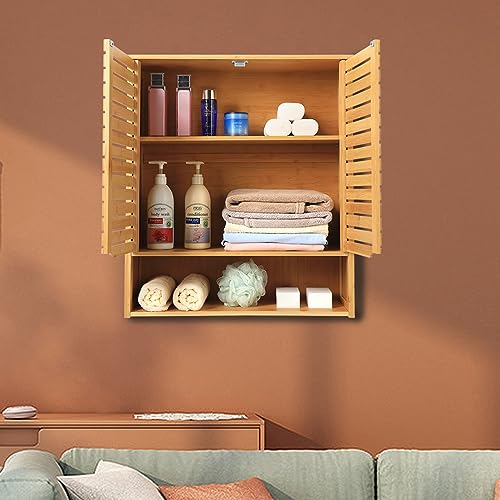 HYNAWIN Bamboo Wall Cabinet with Adjustable Shelf, Medicine Cabinet for Bathroom Living Room, Over-The-Toilet Floating Cabinet HYNAWIN