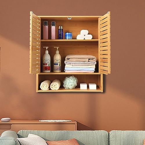 HYNAWIN Bamboo Wall Cabinet with Adjustable Shelf, Medicine Cabinet for Bathroom Living Room, Over-The-Toilet Floating Cabinet - WoodArtSupply