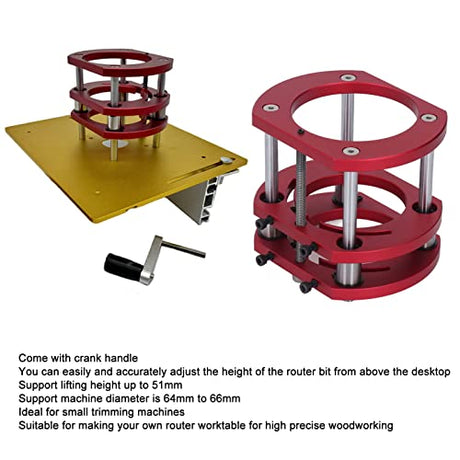 AMONIDA Router Lift, Red Aluminum Alloy Router Lift Base with Stainless Steel Support Rod, 4 Jaw Clamping, for Small Trimming Machines, Small Gong AMONIDA
