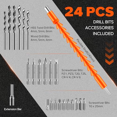 Saker Cordless Drill Set, 20V Electric Drill with Drill/Screwdriver Bits, 3/8-Inch Keyless Chuck, 2 Variable Speeds, 18+1 Torque Setting Battery Saker