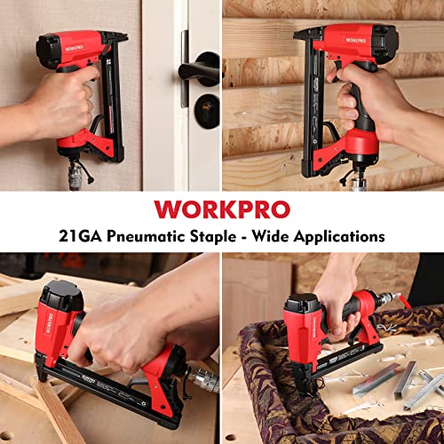 WORKPRO 7116 Pneumatic Staple Gun, 22 Gauge Upholstery Stapler with 1884pcs Staples 1/4"to 5/8", Air-Powered, Rear Exhaust, for Carpentry, WORKPRO