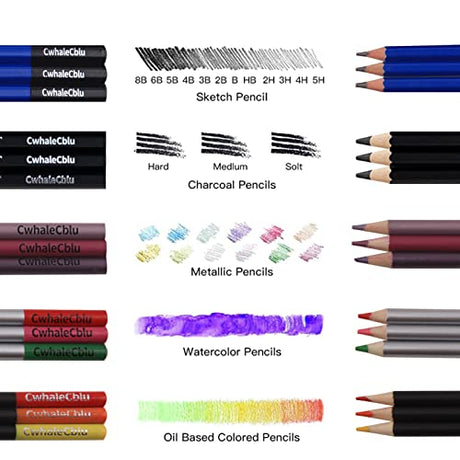 CwhaleCblu 77 Pack Drawing Set Art Supplies,Drawing Supplies with 3-Color Sketch Book, Colored, Graphite, Charcoal, Watercolor&Metallic Pencil, Art CwhaleCblu