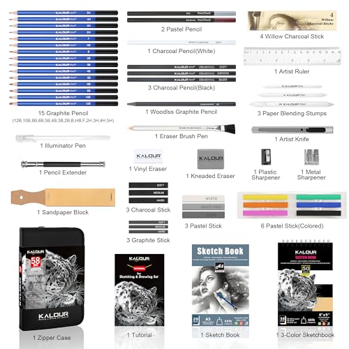 KALOUR 58 Pack Drawing Set Sketch Kit, Sketching Supplies with 3-Color Sketchbook,Graphite & Charcoal Pencils,A5 SketchBook,Tutorial, Pro Art Drawing - WoodArtSupply