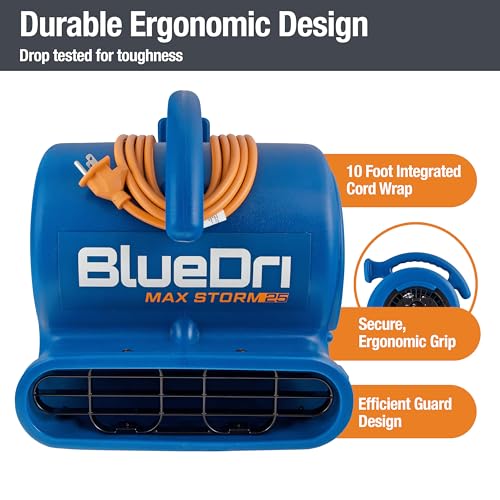 BlueDri Max Storm 25 1/4 HP, 900 CFM Air Mover Blower Fan for Water Damage Restoration Carpet Dryer Floor Home and Plumbing Use, Blue, BD-MS25, Large BlueDri