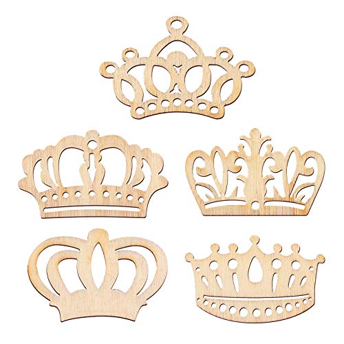 Amosfun 50pcs Cartoon Hollow Out Crown Shape Wooden Pieces Cutouts Craft Embellishments Wood Ornament Manual Accessories for DIY Art