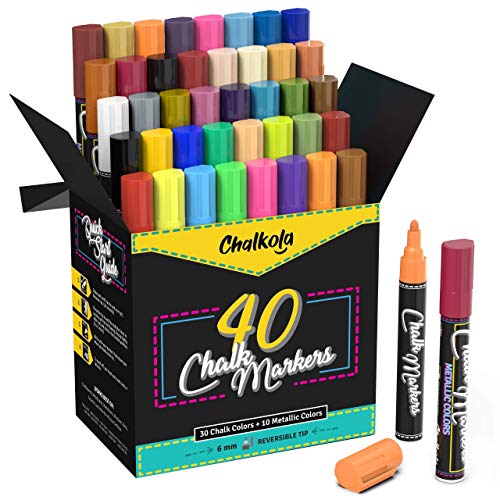 Chalkola Chalk Markers - 40 Neon, Classic & Metallic + 5 Black Chalk Markers 6mm