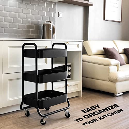 HOMESTEAD 3-Tier Rolling Cart - Heavy Duty Metal Rolling Cart, Lockable Casters, Multifunctional Storage Shelves - Great for Kitchen, Office, - WoodArtSupply