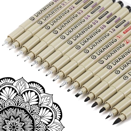 Micro Fineliner Drawing Art Pens: 16 Black Fine Line Waterproof Ink Set Artist Supplies Archival Inking Markers Liner Professional Sketch Outline KOUSICOO