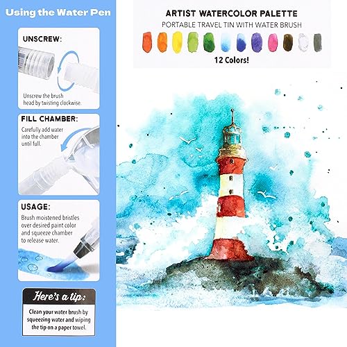 ArtSkills Travel Watercolor Kit, Watercolor Paint Set for Kids & Adults, Travel Palette with Water Brush - WoodArtSupply