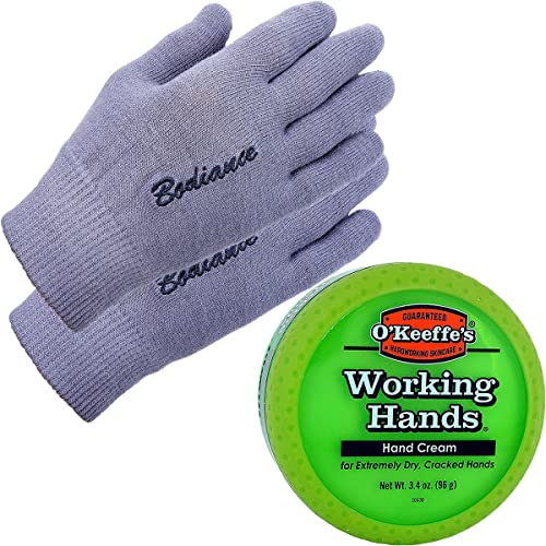 Hand Cream for Dry Cracked Hands and Hand Repair Gloves Bundle: O'Keeffe's Working Hands Cream (Unscented, Non-Greasy 3.2 oz.), Gel Moisturizing Bodiance