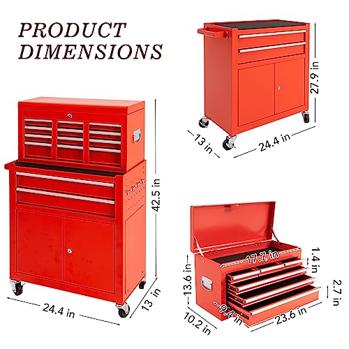 WAYTRIM 8-Drawer Rolling Tool Chest, Tool Storage Cabinet, Detachable Organizer Combo, Side Hooks & Drawer Liners, w/Wheels Lock & Key, Tool Storage - WoodArtSupply