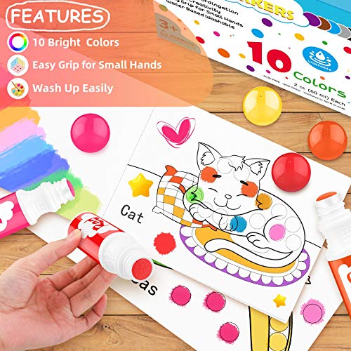 Soucolor Washable Dot Markers for Toddlers Kids Preschool, 10 Colors 2 oz Bingo Daubers Paint Markers Set with 48 Pages Tearable Activity Book for Soucolor