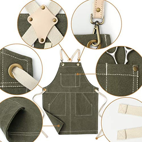 Jeanerlor - 16oz Water-Resistant Work Hairdresser Canvas Aprons for Women Painting Garden Tool Apron with Pockets（Olive Green） Adjustable S to M Jeanerlor