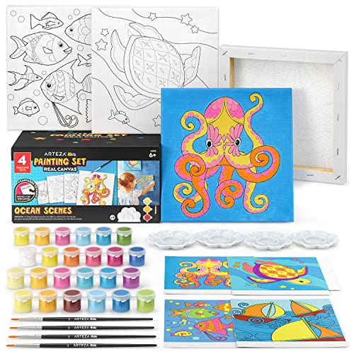 Arteza Kids Ocean Scenes Painting Kit, 4 Canvases, 8 x 8 in, 24 Acrylic Paints, 4 Paint Brushes, 4 Palettes, Kids Activities Ages 6 and Up - WoodArtSupply