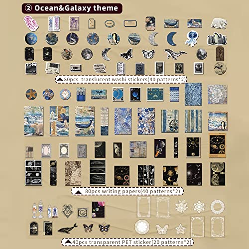 Japleed 400 Pieces Vintage Scrapbooking Supplies for Junk Journal Planners, Aesthetic Scrapbook Paper Stickers for Journaling, Galaxy Sea Ephemera - WoodArtSupply