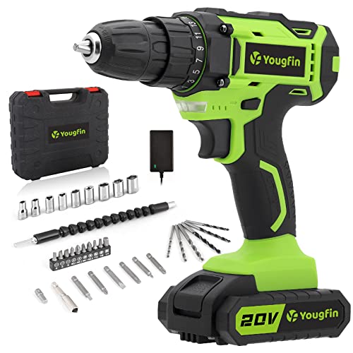 Yougfin Cordless Drill Set, 20V Power Drill Kit with Battery and Charger, 3/8" Keyless Chuck, Variable Speed, 25+1 Torque Setting, 34pcs Accessories - WoodArtSupply