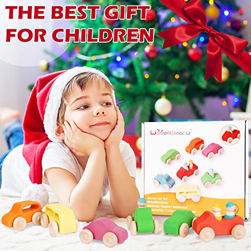 Agirlgle Montessori Wooden Car Toys - 7 Rainbow Wooden Vehicle Set Toy for Toddlers and Babies 3 Wooden Peg Doll, Colorful Pretend Play Wooden Push Agirlgle