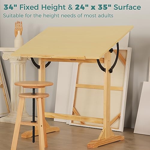 VISWIN 24'' x 35" Artist Drafting Table, Adjustable Angle, 34" Height Solid Pine Wood Drawing Table, Art Table for Adults, Tilts Flat, Art Craft VISWIN