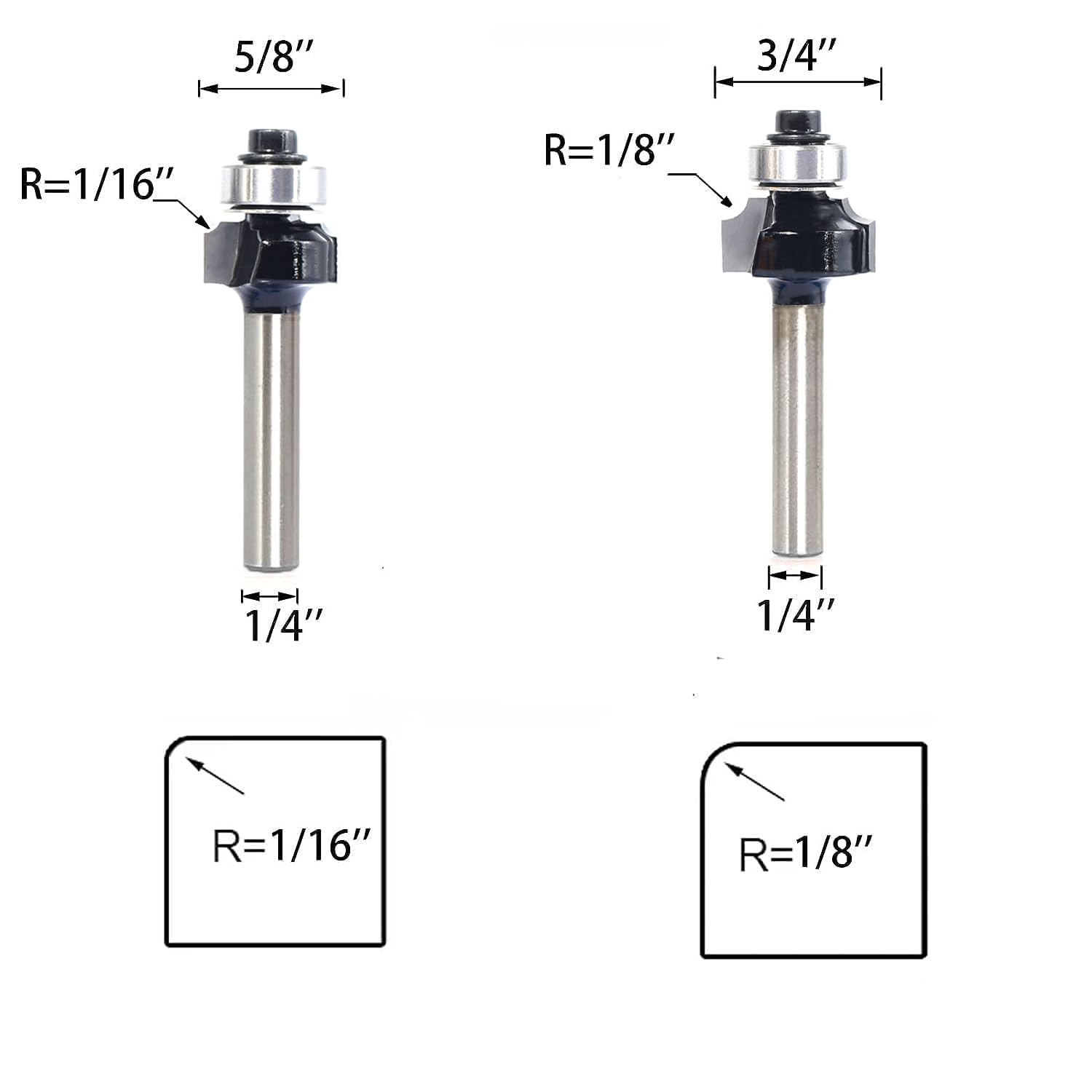 SICWOOD 6pcs Roundover Router Bit Set - Round Over Router Bits 1/4 Shank with 6 Bearings 3/8", Carbide Corner Rounding Edge-Forming Bit, for Round SICWOOD