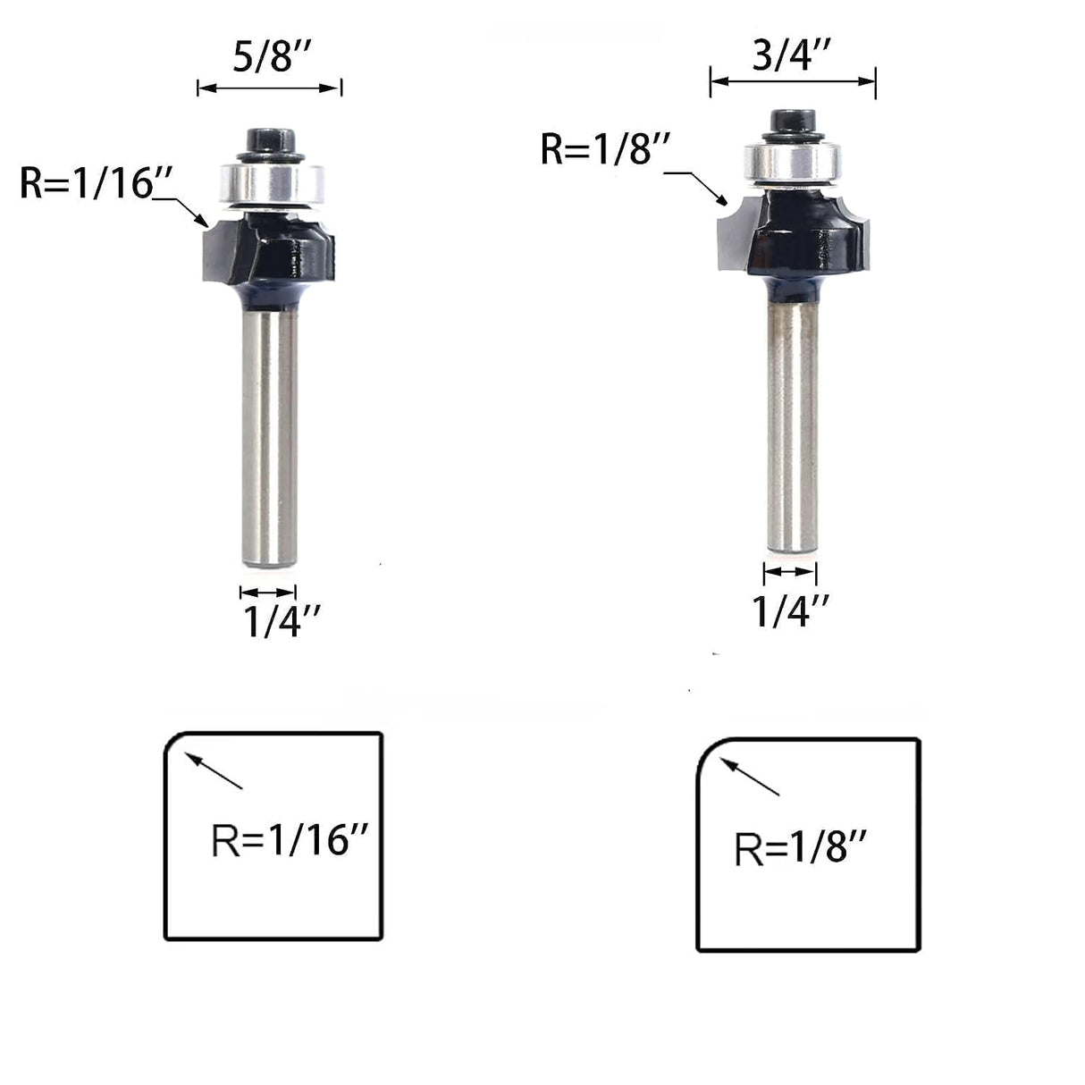 SICWOOD 6pcs Roundover Router Bit Set - Round Over Router Bits 1/4 Shank with 6 Bearings 3/8", Carbide Corner Rounding Edge-Forming Bit, for Round SICWOOD