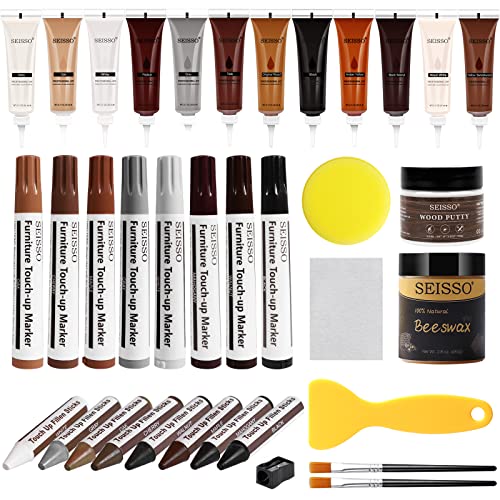 SEISSO Wood Furniture Repair Kit, 12 Colors Wood Fillers, Wood Putty with Beeswax, Furniture Touch Up Markers with Wood Crayons, Hardwood Floor
