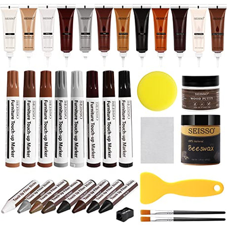 SEISSO Wood Furniture Repair Kit, 12 Colors Wood Fillers, Wood Putty with Beeswax, Furniture Touch Up Markers with Wood Crayons, Hardwood Floor SEISSO