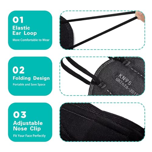 LEMENT 50pcs KN95 Face Mask Black 5 Layer Cup Dust Safety Masks Filter Efficiency≥95% Breathable Elastic Ear Loops Black Masks LEMENT