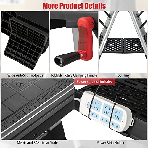 Goplus Portable Workbench, Folding Work Table & Sawhorse with Adjustable Height, 440LBS/1000LBS Capacity, Clamps, 2 x 4 Support Arms, Tool Tray, Goplus