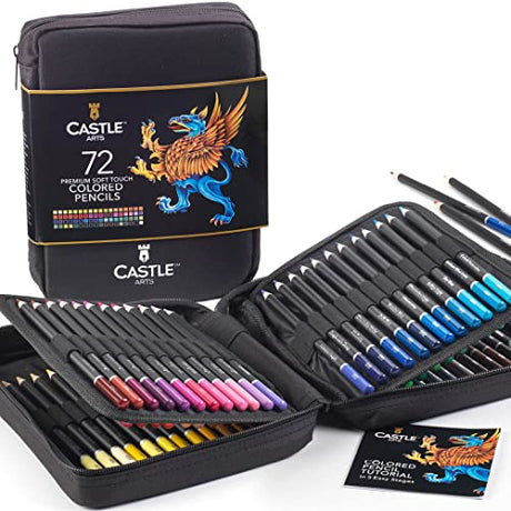 Castle Art Supplies 72 Colored Pencils Zipper-Case Set | Quality Soft Core Colored Leads for Adult Artists, Professionals and Colorists | In Neat, Castle Art Supplies
