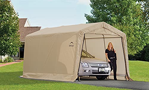 ShelterLogic 10' x 15' x 8' Peak Style Roof Instant Garage Carport Car Canopy with Steel Frame and Waterproof UV-Treated Cover, Sandstone ShelterLogic