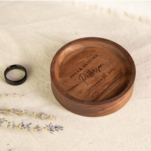 MUUJEE Personalized Walnut Wood Round Ring Tray Dish Jewelry Organizer for Small Items Bracelets Christmas Holiday Engagement Anniversary Wedding - WoodArtSupply