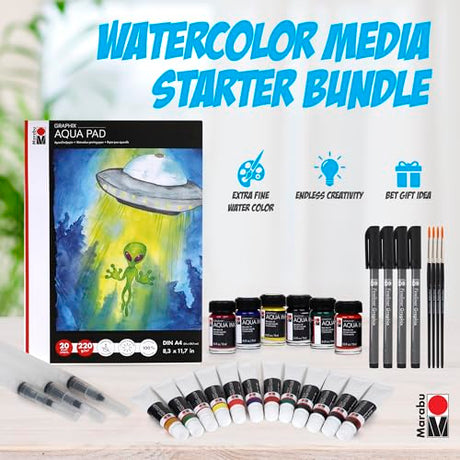 Marabu Watercolor And Mixed Media Set - Quality Watercolor Paper 20 Sheets, A4 220 GSM - 12 Watercolor Paint Tubes, 6 Watercolor Inks, 4 Black Marabu