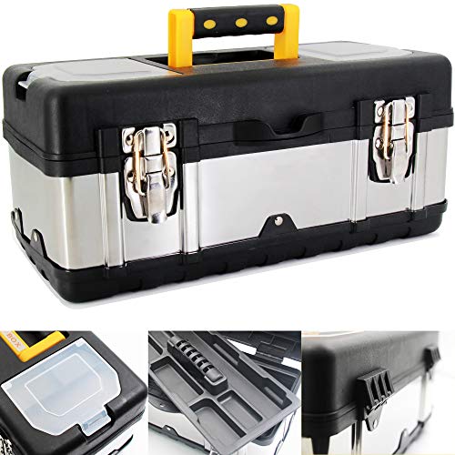 Anyyion 16.5-Inch Tool Box - Portable Lockable Storage, Stainless Steel & Plastic Construction - Removable Tray, Toolbox Organizer Truly Strong and - WoodArtSupply