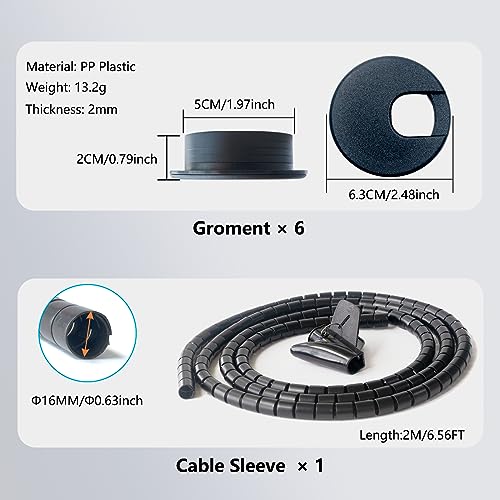 Bicafa 6-Pack Desk Grommet 50mm (2 inch) Wire Cord Cable Desk Hole Cover with Bi-Metal Hole Saw Kit and Cord Wire Wrap Coiled Tube Sleeve Bicafa